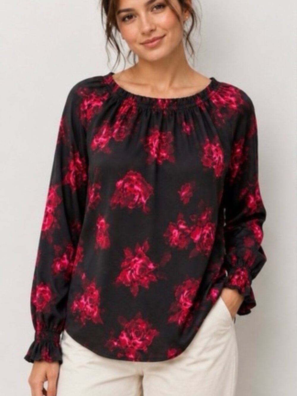 Talbots Black Red Floral Rose Print Long Sleeve Blouse Size S